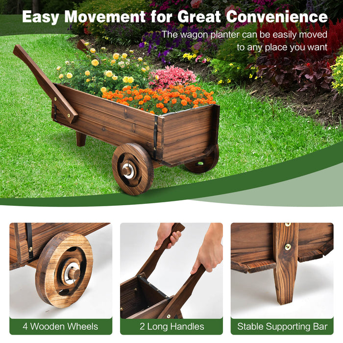 Rustic Brown Wooden Wagon - Planter Box with Wheels and Drainage Hole - Ideal Decorative Piece for Gardeners