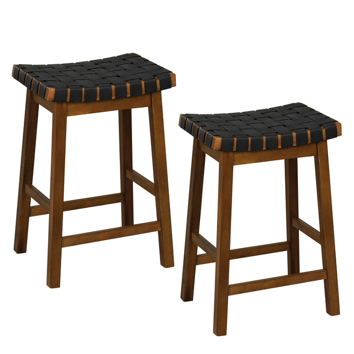 Faux PU Leather - Counter Height Stools Set of 2 with Woven Curved Seat in Black & Brown - Ideal for Kitchen and Bar Areas