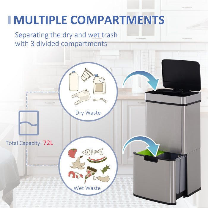 72L Recycling Sensor Bin - Stainless Steel, Touchless, 3-Compartment Separation for Wet/Dry Waste - Ideal for Home Kitchen Waste Management