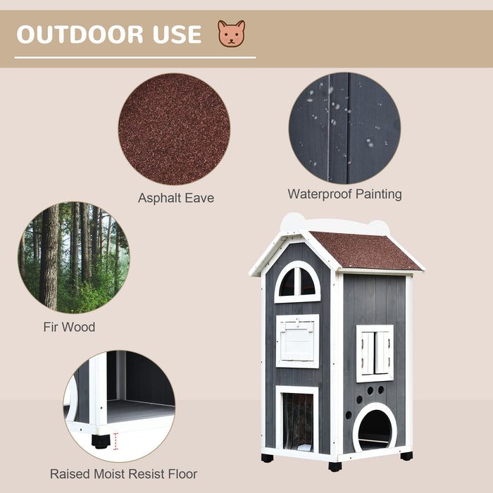 Outdoor Cat Shelter - Weatherproof Wooden 2-Floor Cat House with Condo Cave - Ideal Pet Retreat for Indoor/Outdoor Use, Grey and White