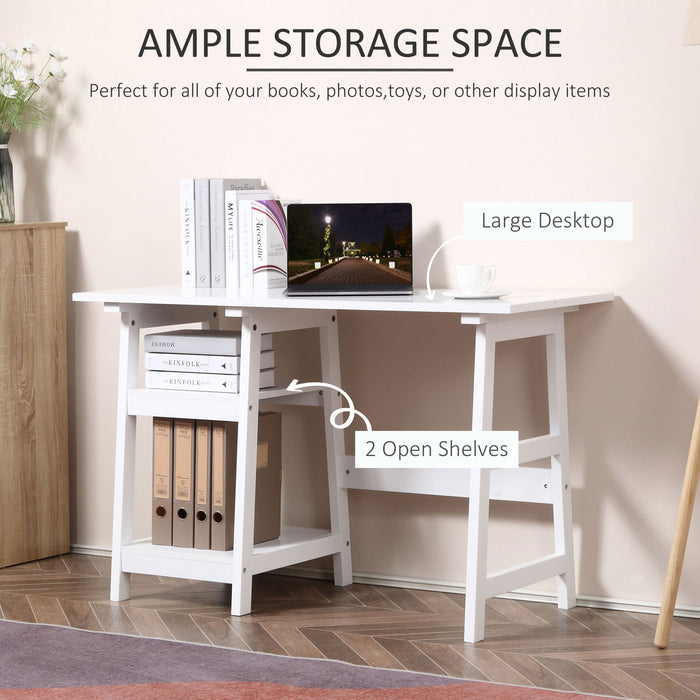 Compact White Computer Desk - Space-Saving Study Table with Storage Shelves and Bookshelf - Ideal PC Workstation for Home Office and Studying