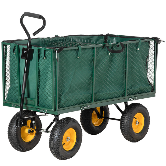 Heavy Duty Garden Trolley Cart with 4 Large Wheels - Durable Metal Frame Wheelbarrow with Handle, Green - Ideal for Gardening and Landscaping Transport Tasks