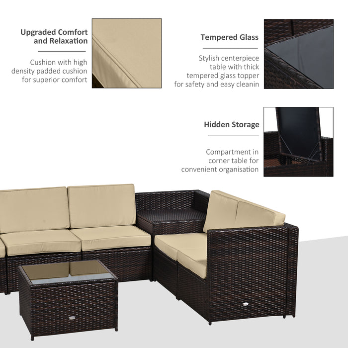 6-Seater Rattan Patio Furniture Set - Outdoor Garden Corner Sofa with Table and Cushions - Elegant Wicker Seating for Backyard Entertainment