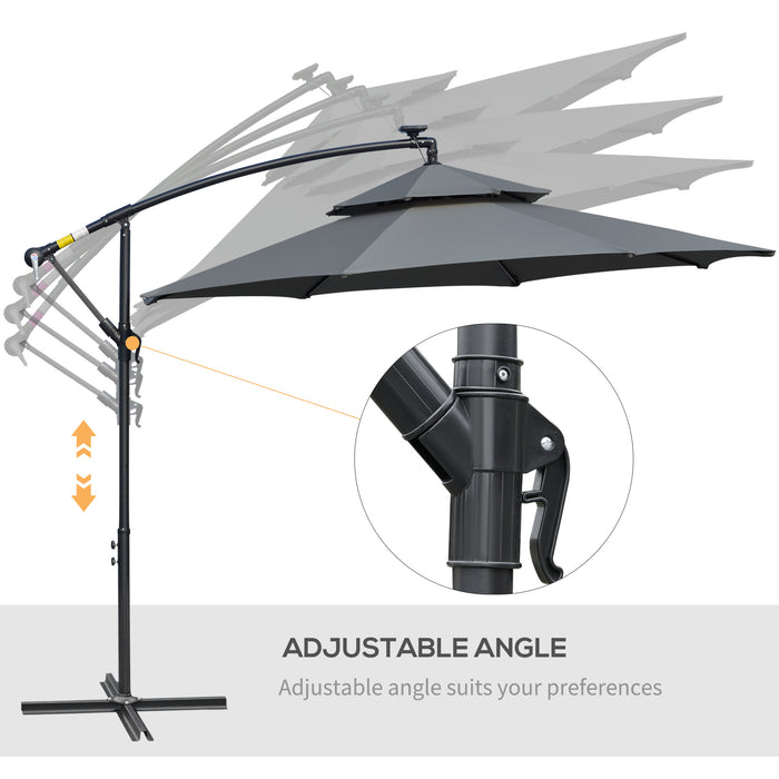 Cantilever Banana Parasol with Solar LED Lights - Double Roof Hanging Umbrella, Crank Operation, 8 Ribs, Cross Base - Ideal for Outdoor Relaxation and Night Use