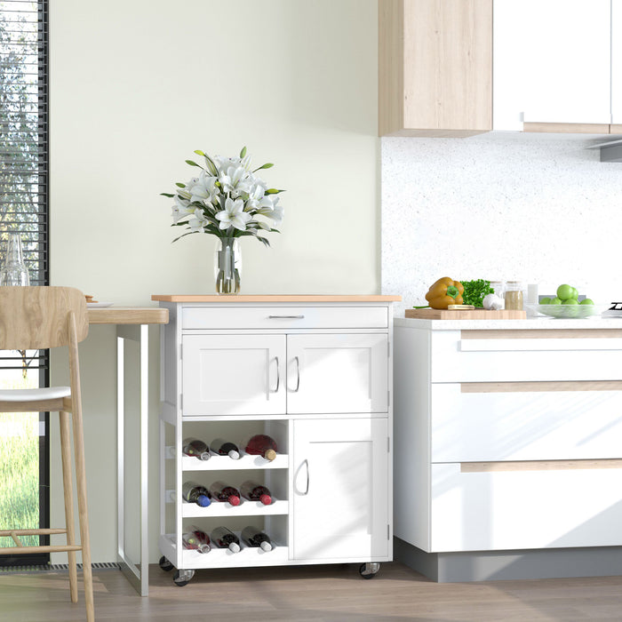 Modern Rolling Kitchen Trolley - Island Storage Cart with Drawer, Wine Rack, Cabinets, Wooden Countertop - Space-Saving Organizer for Home Chefs