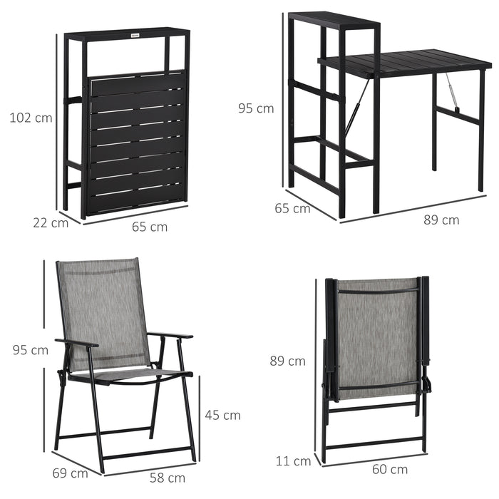 3-Piece Foldable Garden Furniture Set - Metal Framed Folding Table with Side Shelf and 2 Chairs - Perfect for Patio, Balcony & Indoor/Outdoor Use