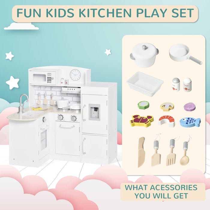 Kids Wooden Play Kitchen Set - Includes Drinking Fountain, Microwave, Oven, and Refrigerator - Interactive Pretend Cooking for Children