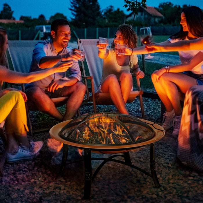 Extra-Large Bronze Metal Firepit Bowl with Lid - Outdoor Round Fire Pit, Includes Log Grate and Poker - Ideal for Backyard Camping and Picnics