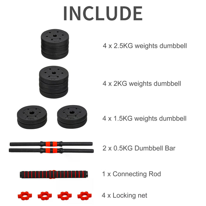 25kg 2-in-1 Adjustable Dumbbell Set - Weightlifting and Body Fitness Equipment, Converts to Barbell - Ideal for Home, Office, and Gym Workouts