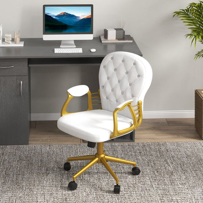 Ergonomic Height-Adjustable Task Chair - Plush Button-Tufted Workstation Chair with Padded Armrests & Tilt Feature - Comfortable Seating for Home Office Professionals, Cream White