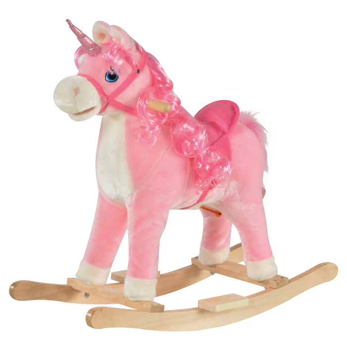 Plush Unicorn Rocking Horse - Soft Pink Ride-On Toy with Sound Effects - Entertaining and Soothing Play for Children