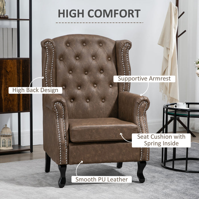 Chesterfield-Style Wingback Accent Chair - Tufted Armchair with Nailhead Trim, Elegant Brown Upholstery - Sophisticated Seating for Living Room or Bedroom