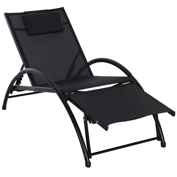 Adjustable Half Circle Sun Lounger with Armrest - Black Aluminium Frame and Textline Seat, Head & Footrest for Garden Patio - Includes Comfy Pillow for Outdoor Relaxation