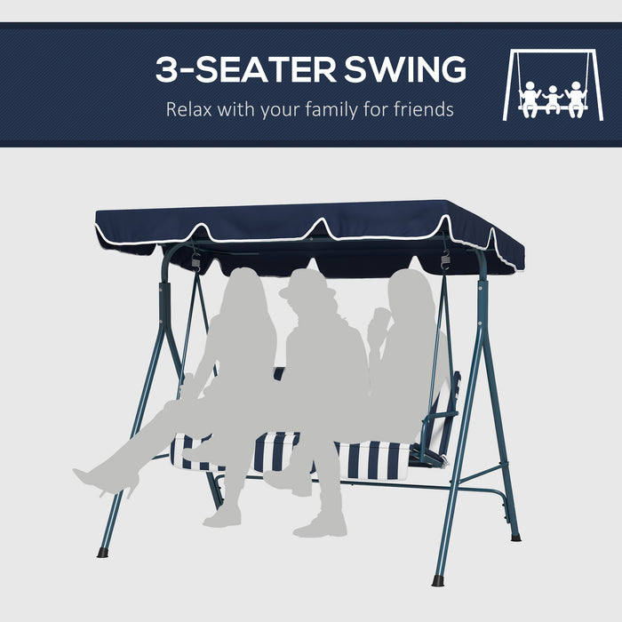 3-Seat Swing Chair - Adjustable Canopy Garden Swing Seat for Patio in Blue and White - Ideal for Relaxing Outdoors