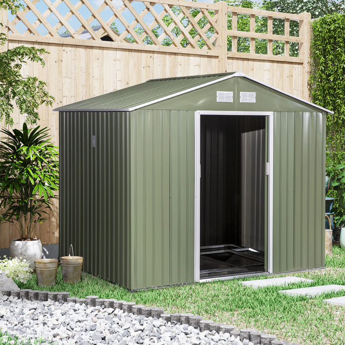 9x6 ft Metal Garden Shed - Corrugated Steel Roof, Ventilated Storage Unit with Foundation and Doors - Ideal for Tool Organization & Outdoor Equipment Protection, Light Green