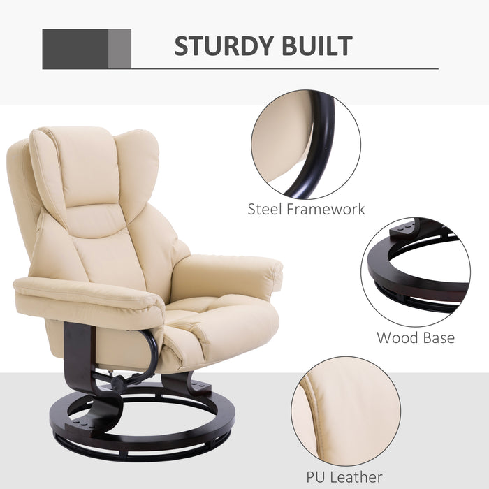 Reclining Swivel Armchair with Footstool - Padded PU Leather Duo, Manual Tilt & 360° Rotation, Cream - Comfortable Sitting Solution for Relaxation & Lounging