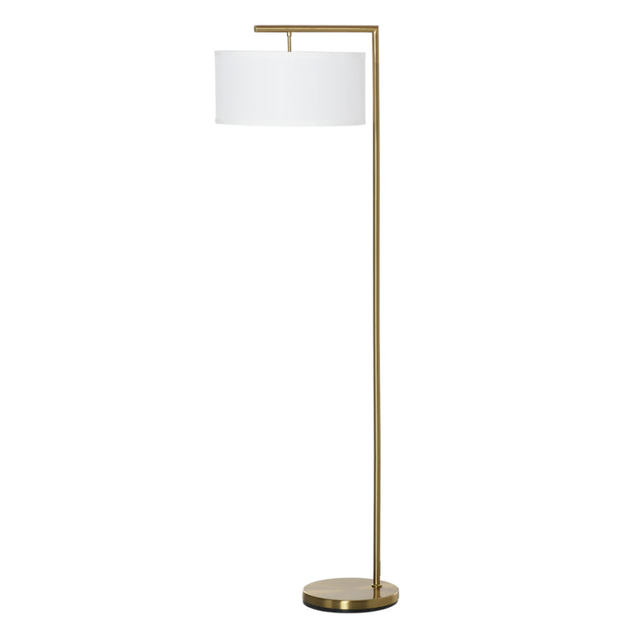 Modern Gold Standing Floor Lamp with White Linen Shade - Elegant Illumination for Living Spaces, Round Base Design - Ideal for Living Room, Bedroom, Dining Room Ambiance