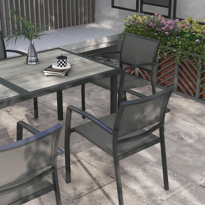 7-Piece Garden Dining Set with Stackable Chairs - Breathable Mesh Seating, Plastic Top Table for 6, Space-Saving Design - Ideal for Outdoor Patio and Poolside Use