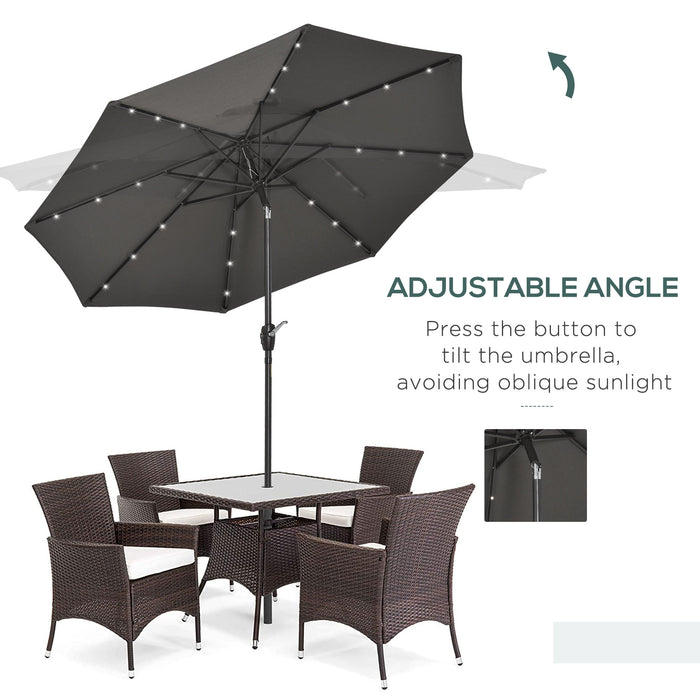 Garden 24 LED Light Umbrella - Outdoor Tilting Sunshade with Energy-Efficient LEDs for Patio & Events - Manual Operation with Hand Crank, Ideal for Parties and Clubs, Grey Color