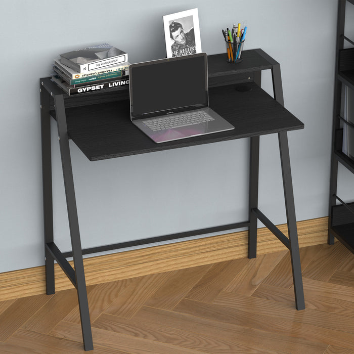 Modern Black Writing Desk - Computer Table with Storage Shelf for Home Office - Space-Saving Workstation for PC and Laptop Users