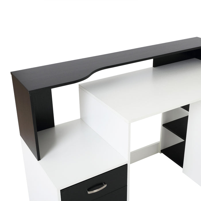 Modern Home Office Computer Desk with Printer Shelf - Writing Workstation with Storage Drawer and Shelves - Ideal for Study Room and Small Spaces, Black and White Design