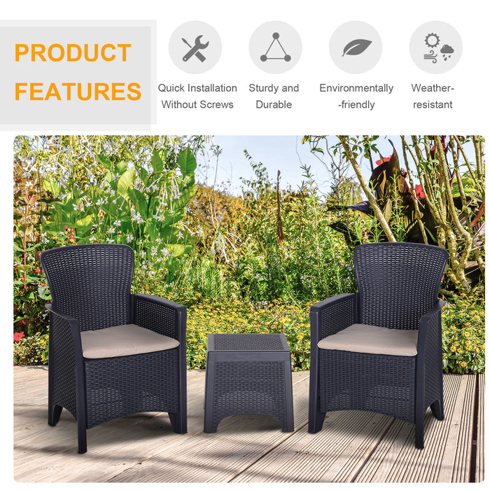 3-Piece Rattan-Effect Bistro Set - Garden Chairs and Coffee Table with Cushions - Perfect for Patio, Lawn, and Balcony in Dark Brown