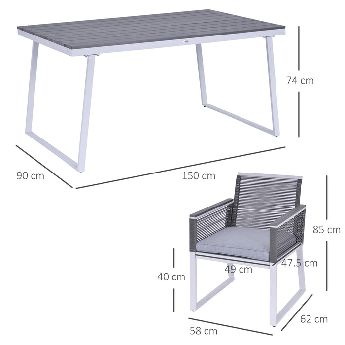 6-Seater Outdoor Rattan Dining Ensemble - PE Rattan Cushioned Chairs with Rectangular Table and Sturdy Box-Shaped Frame in Grey - Ideal for Patio & Garden Entertaining