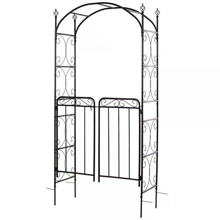 Outdoor Patio Trellis Arbor with Gate - Garden Decorative Metal Arch for Climbing Plants, Antique Black Finish - Ideal for Backyard Entryways and Flower Support, 108L x 45W x 215H cm