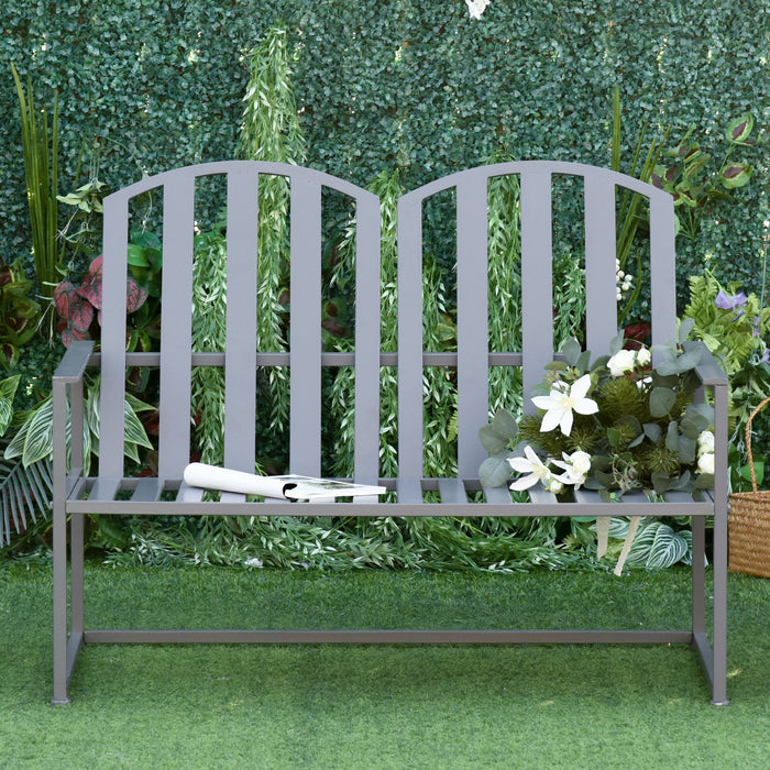 Steel Frame Garden Loveseat - 2-Seater Outdoor Bench with Decorative Slatted Design in Grey - Perfect for Park and Yard Relaxation