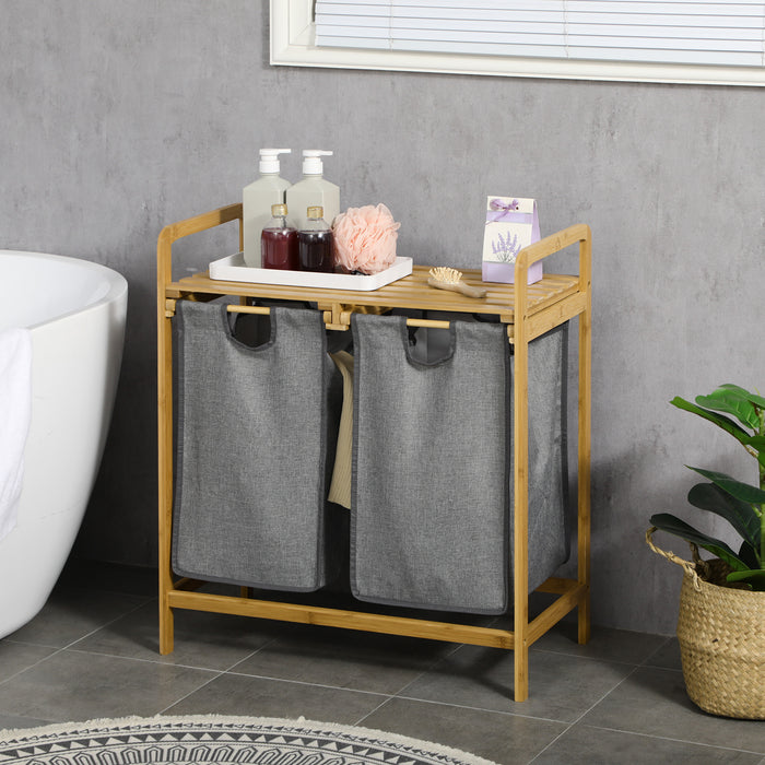 Bamboo Laundry Organizer with Shelf - Pull-Out Bags, Bedroom & Bathroom Hamper, 64x33x73cm - Space-Saving Solution for Laundry Management