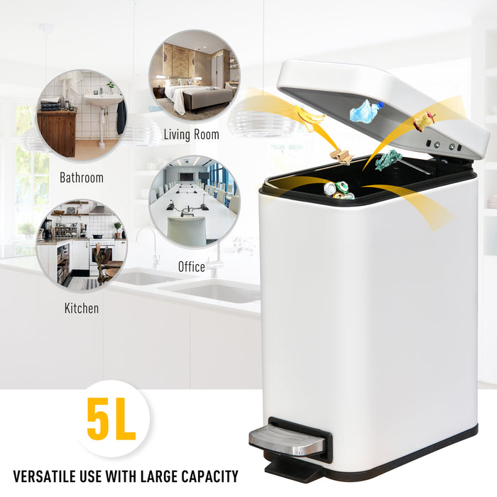 5L Rectangular Pedal Bin - Stainless Steel Body with Quiet-Close Lid and Removable Inner Bucket - Ideal for Tidy Trash Management in Home or Office