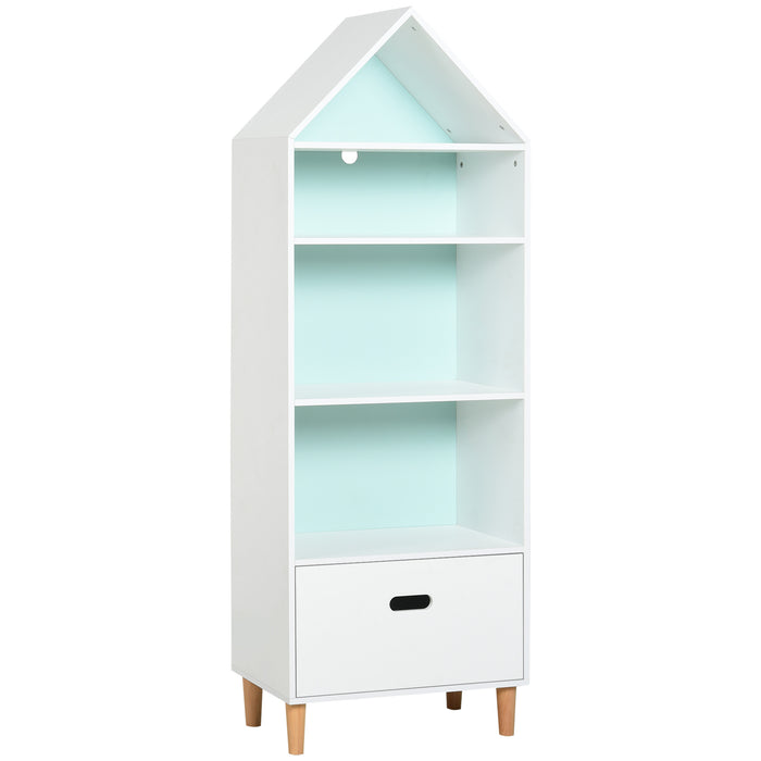 Kids MDF 5-Tier Bookshelf with Drawer - Space-Saving White & Blue Design for Children's Books and Toys Storage - Perfect for Playroom and Bedroom Organization