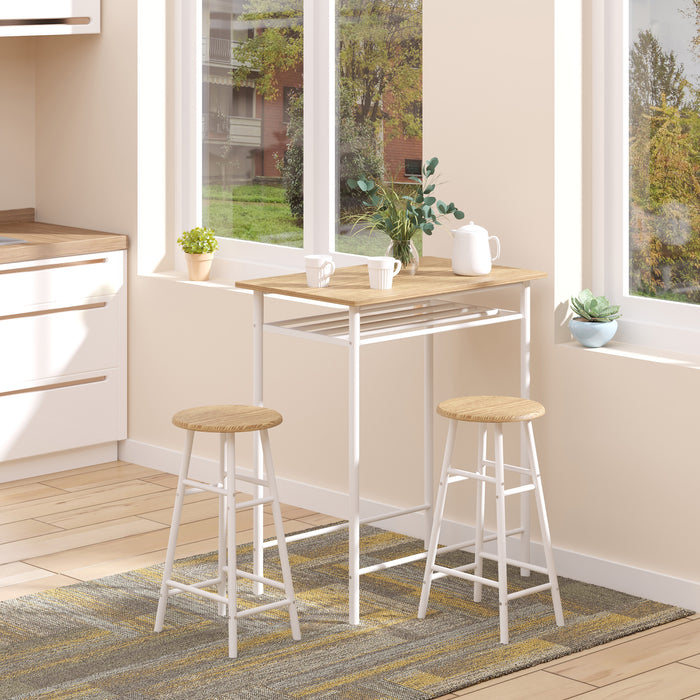 Modern Bar Table Set with 2 Stools - White & Oak Finish, Metal Frame Footrest & Storage Shelf - Ideal for Kitchen, Dining, Pub, or Café Spaces