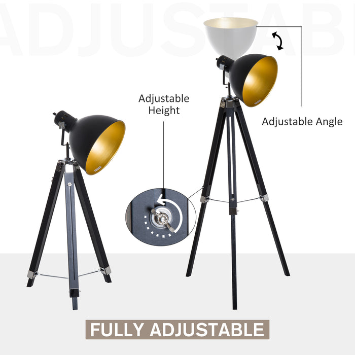 Tripod Spotlight Floor Lamp with Wooden Legs - Black and Gold Ø 30 cm Shade, 152cm Tall, Max 40W - Ideal for Studio Lighting and Home Ambiance