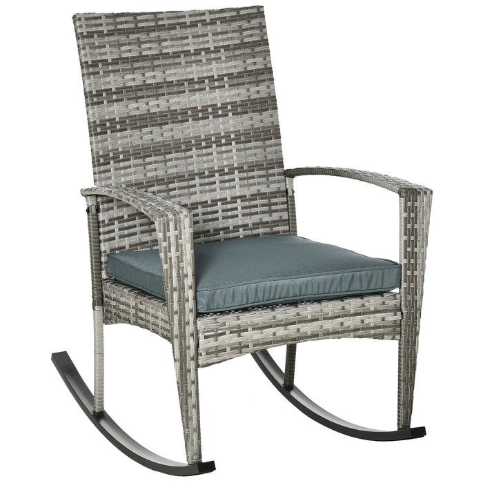 Rattan Rocking Chair with Cushion - Stylish Outdoor Wicker Weave Patio Relaxer for Garden and Bistro - Comfortable Light Grey Seating Solution for Leisure and Relaxation