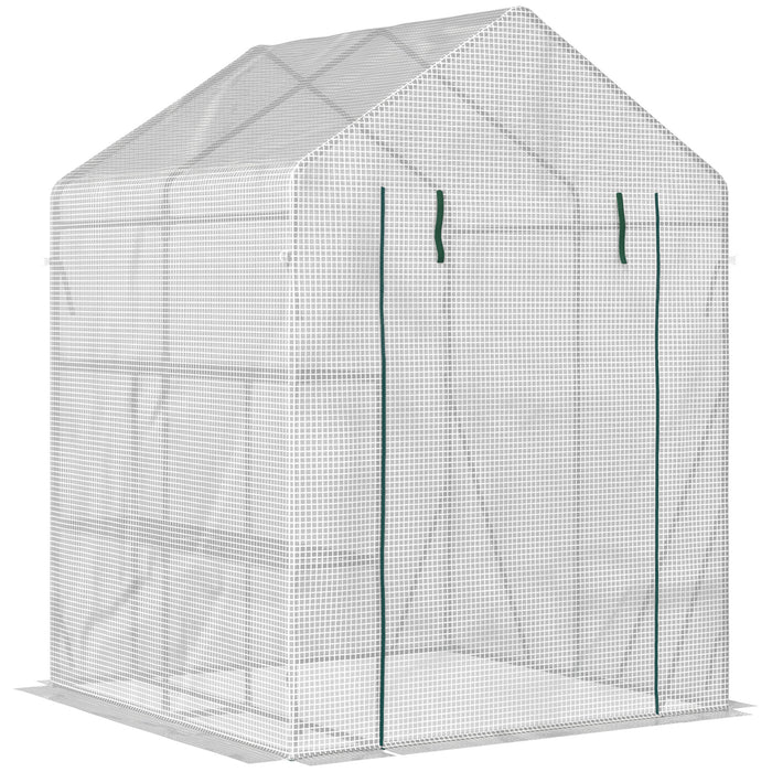 Portable Walk-In Greenhouse - with 2-Tier Shelving, Roll-Up Zippered Door & Durable PE Cover, 143x143x195 cm - Ideal for Garden Plant Growing and Protection