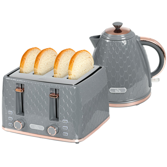 1.7L 3000W Fast Boil Kettle & 4-Slice Toaster Combo - Adjustable 7 Settings & Crumb Tray - Efficient Kitchen Breakfast Set in Sleek Grey