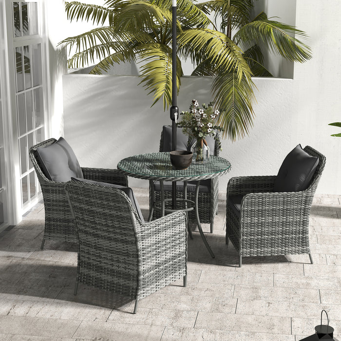 4 Seater Rattan Garden Dining Set with Tempered Glass Top - Includes Umbrella and Cushions for Outdoor Comfort - Perfect Patio Furniture for Family Meals and Entertaining