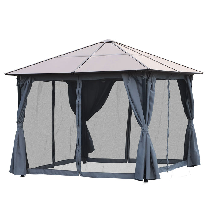 Aluminium Garden Gazebo 4x3m with Hardtop Roof - Canopy Marquee with Mesh Curtains & Side Walls, Grey - Ideal Outdoor Shelter for Parties & Patio Use