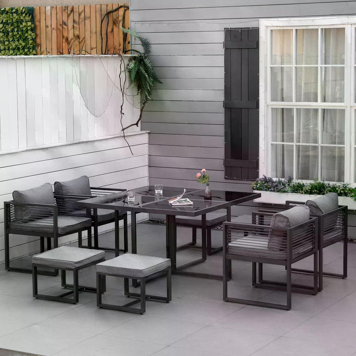 Aluminium 8-Person Cube Garden Dining Set - Outdoor Furniture with Table, 4 Chairs, 4 Footstools & Cushions - Ideal for Patio Entertaining and Family Gatherings