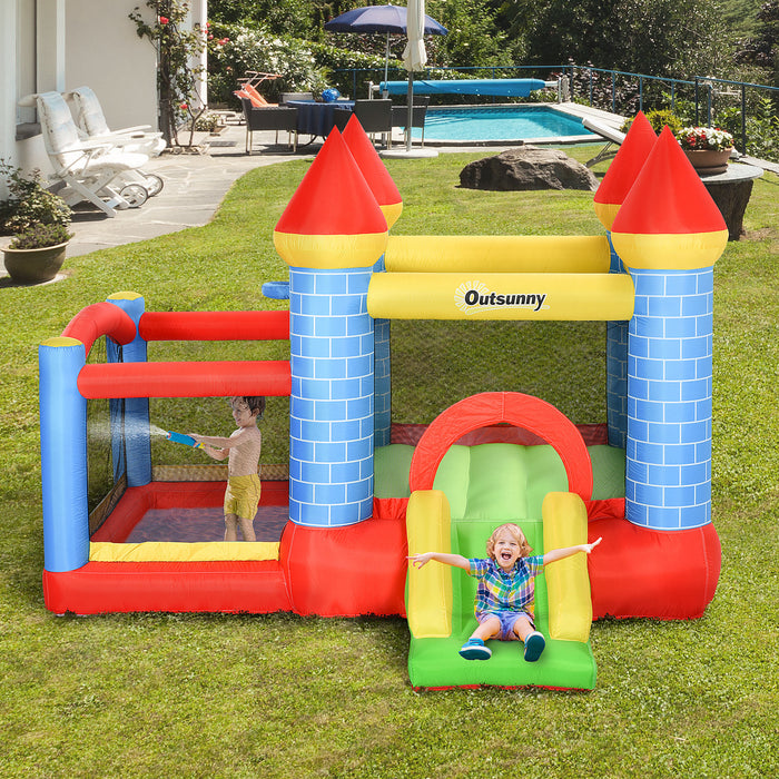 Kids Bounce Castle House with Inflator - 4-in-1 Inflatable Trampoline, Slide, Water Pool, and Basketball Area - Enchanting Castle Design for Children Ages 3-10