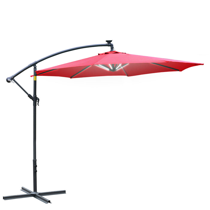 3M LED Cantilever Banana Umbrella - Steel & Aluminium Hanging Parasol with Crank, Cross Base, Offset Design - Ideal for Garden, Patio Table & Outdoor Red Shade