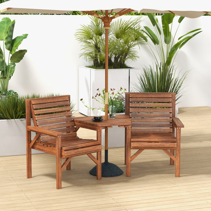 Wooden Garden Companion Chair - Outdoor Love Seat with Built-In Coffee Table and Umbrella Hole, Tan Brown Finish - Ideal for Couples Enjoying Patio Relaxation