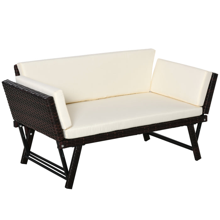 2-Seater Rattan Daybed Sofa - Folding Garden Chaise Loveseat with Cushion, Brown - Ideal for Patio Relaxation and Comfort