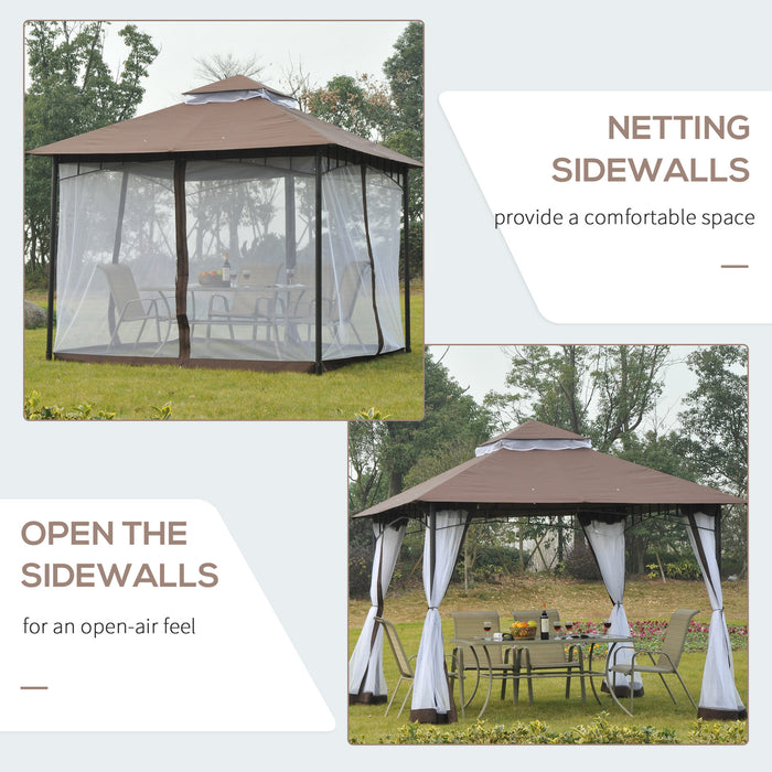 Metal Garden Gazebo 3x3m - Square Canopy Shelter with Mesh for Outdoor Parties and Weddings, Brown - Elegant Shade and Bug Protection for Events