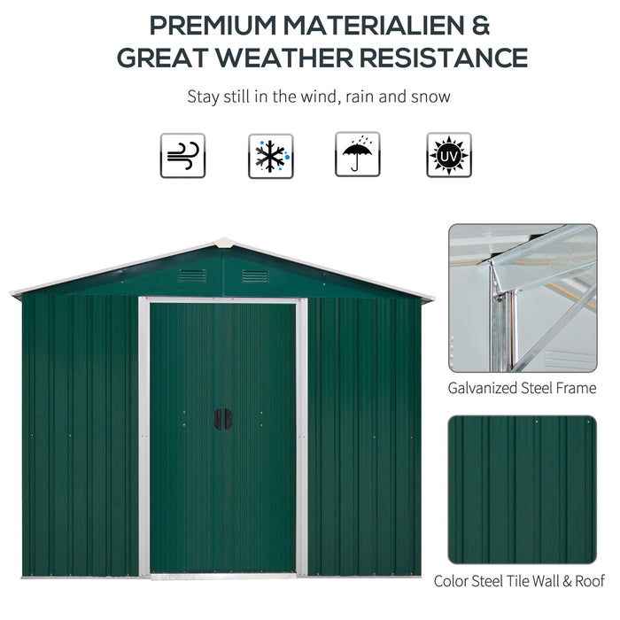 Corrugated Steel Garden Shed 8x6 ft - Spacious Metal Storage with Ventilation & Sliding Doors, Green - Ideal for Outdoor Tools and Equipment Shelter