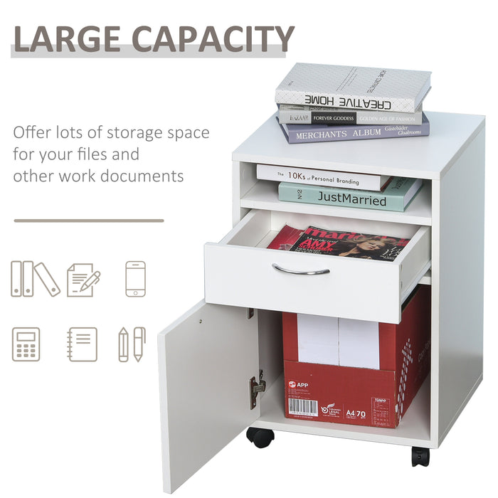 Mobile Office Storage Cabinet with Drawer - 60cm White Unit with Open Shelf & Metal Handles - Home Organiser on 4 Wheels for Office Supplies & Printer