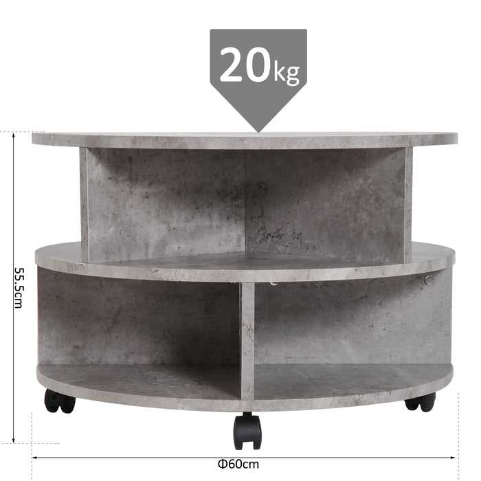 Round 2-Tier Side Table with Divided Shelves - Mobile Coffee and Tea Storage Unit in Cement Finish - Space-Saving Organizer for Living Room