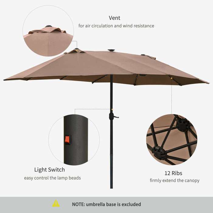 Large 4.4m Double-Sided Garden Parasol - Outdoor Patio Sun Shade with Solar-Powered LED Lights, Khaki - Ideal for Backyard Entertainment and Relaxation