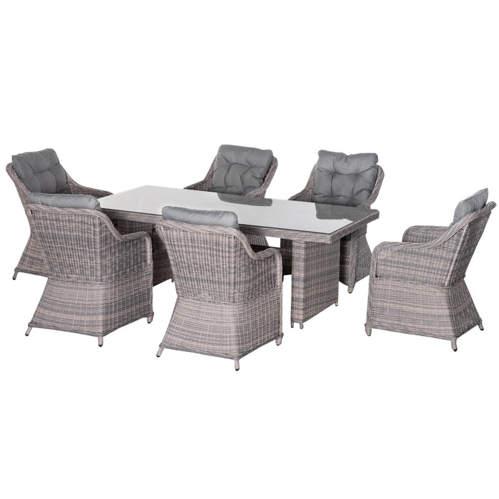 7-Piece PE Rattan Dining Set - Outdoor Patio Wicker Furniture with Aluminium Frame and Tempered Glass Tabletop in Grey - Elegant Seating for Garden, Deck, or Backyard Gatherings